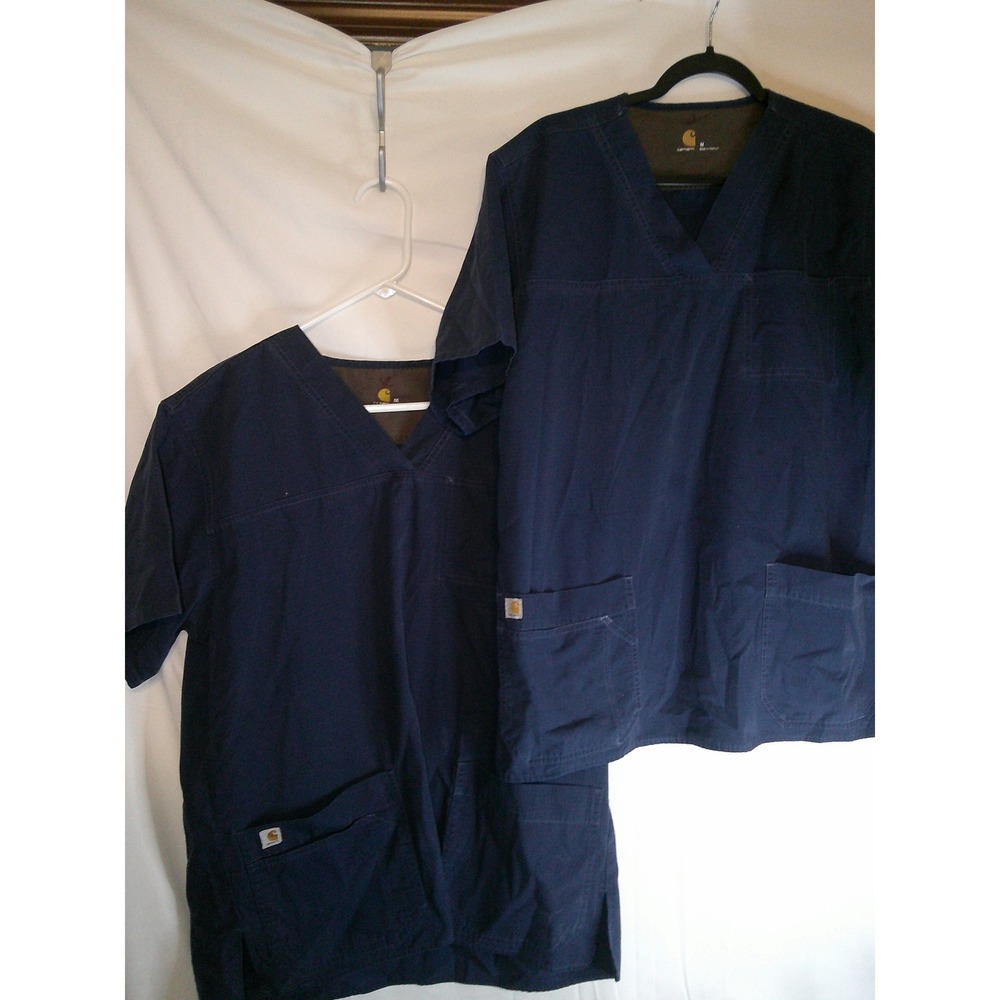 Lot of 2 Carhartt‎ Work Scrub Tops Medical Uniform V-Neck Pocket Front Blue M